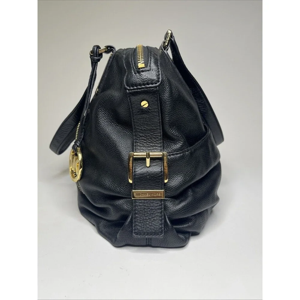 Michael Kors Portland Pebbled Black Leather Satchel Purse Gold Zipper Handbag